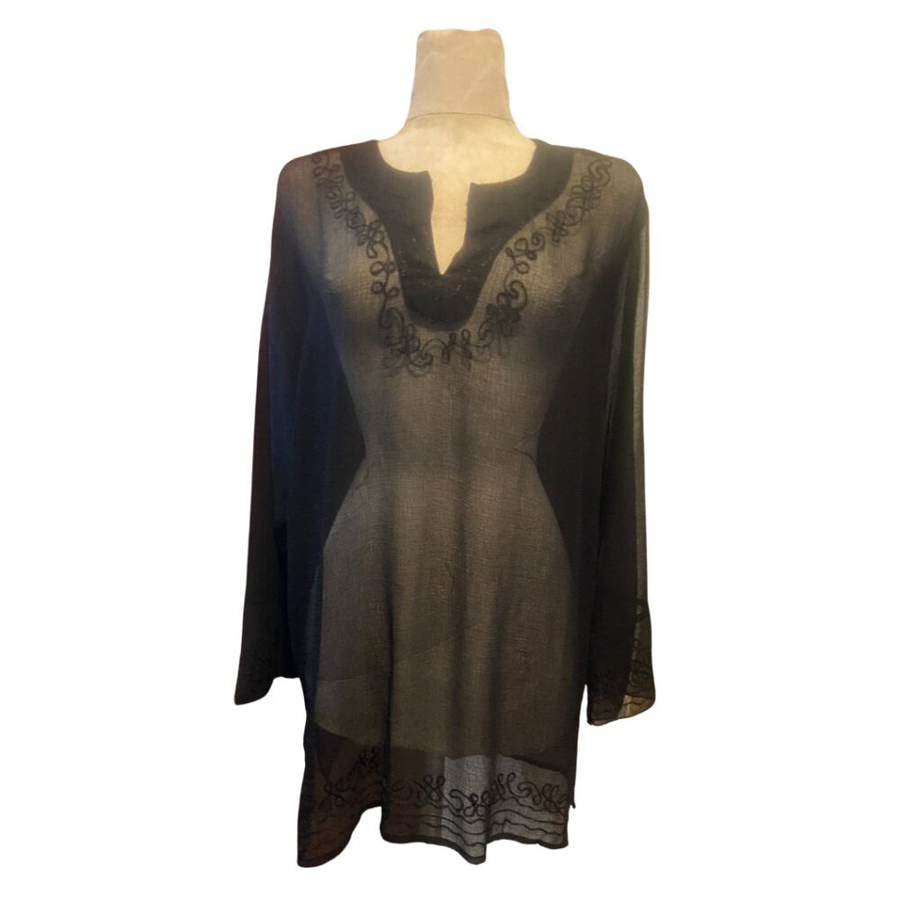 Black sheer gauze swimsuit coverup embroidered minidress size 2XL